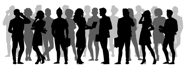 Crowd silhouette. People group shadow silhouettes, adult male and female anonymous characters. Business people silhouettes vector illustration set. Woman holding laptop, man talking on mobile phone