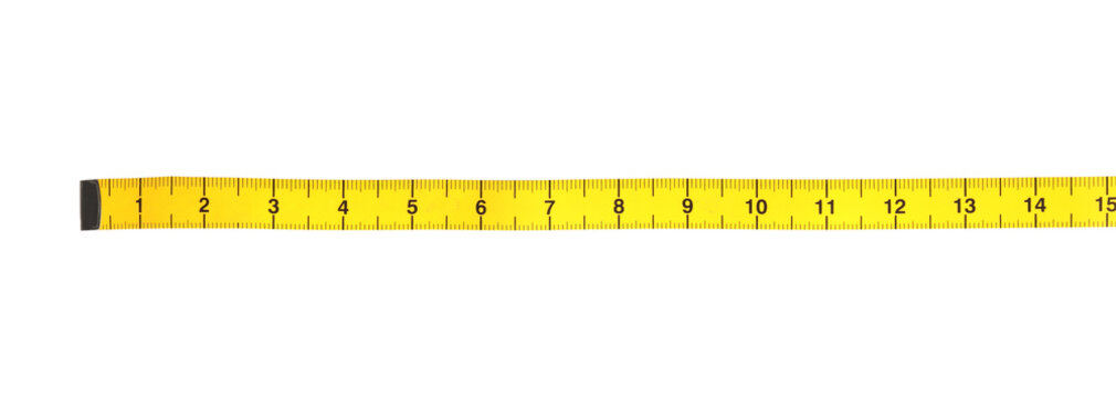 New yellow measuring tape isolated on white, top view