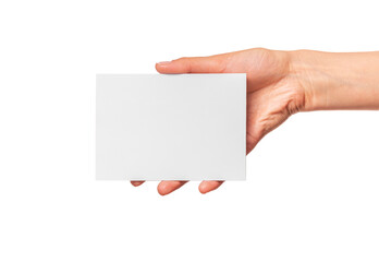Female hand holds a white card isolated on a white background.