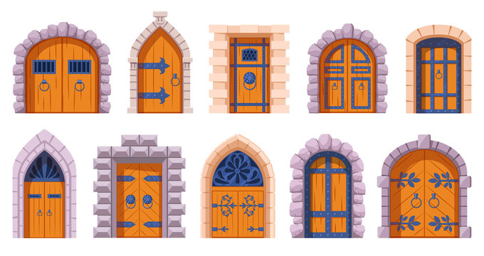 Castle medieval doors. Cartoon ancient fortress wooden gates, medieval kingdom castles gate vector illustration set. Medieval tower arch doors. Stone arch with metal hinges for entry