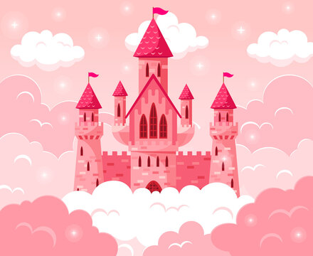 Cartoon fairy tale pink castle. Magic fairytale medieval tower, princess castle in pink clouds vector fabulous illustration. Majestic pink castle. Girlish beautiful dream mansion made of stone
