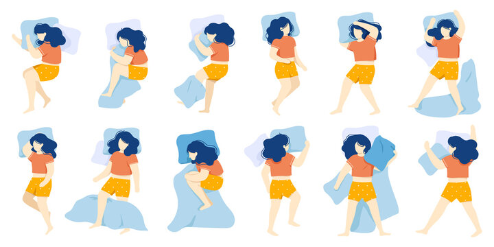 Sleeping woman. Girl sleep position, female character healthy night sleep, woman sleeping in bed alone. Night dream position vector illustration set. Relaxed body postures top view