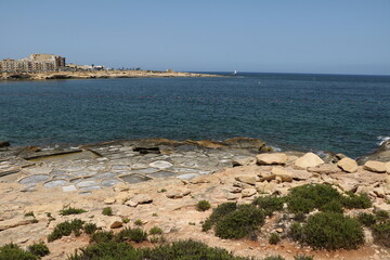 Salt pans on the Mediterranean Sea in Marsaskala, Malta