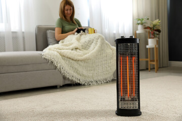 Woman with cat at home, focus on electric halogen heater © New Africa