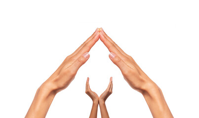 Female hands in the form of a house with a roof isolated on a white background.