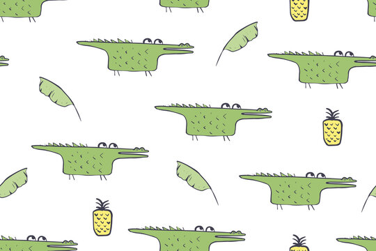 Seamless pattern, childish African animals illustration. Cute crocodile, funny alligator on white. Cartoon character. Baby scandinavian vector pattern. Hand drawn illustratin for kids fabric, textile