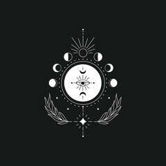 Abstract esoteric line drawing. Boho moon phases mystical magic eye, celestial tattoo, minimal logo. Vector illustration