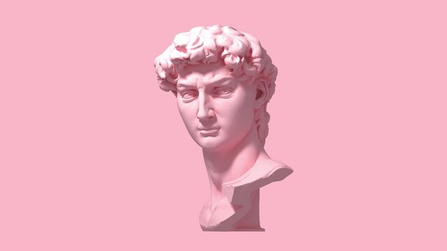 3d glitch of David head on pink background. 3D animation. 4K. Ultra high definition. 3840x2160.