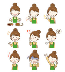 エプロンをした女性の表情ポーズイラストセット1