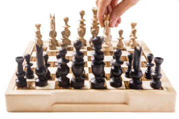Businesswoman thinking how to play chess concept business strategy for win