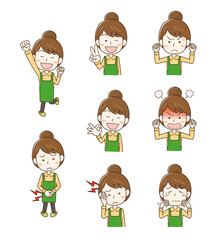 エプロンをした女性の表情ポーズイラストセット2