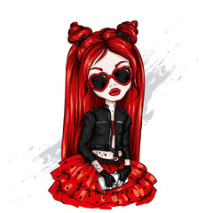 A beautiful girl in a stylish jacket, skirt and glasses with hearts. Illustration for a postcard or a print on clothes. Fashion and style, accessories.