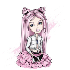 Beautiful girl in a stylish jacket, skirt and crown. Illustration for a postcard or a print on clothes. Fashion and style, accessories.