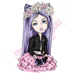 Beautiful girl in a stylish jacket, skirt and wreath. Illustration for a postcard or a print on clothes. Fashion and style, accessories.
