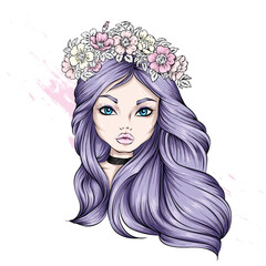 Beautiful girl in a wreath. Fashion, style, clothing and accessories. Vector illustration for a postcard, print on a poster.