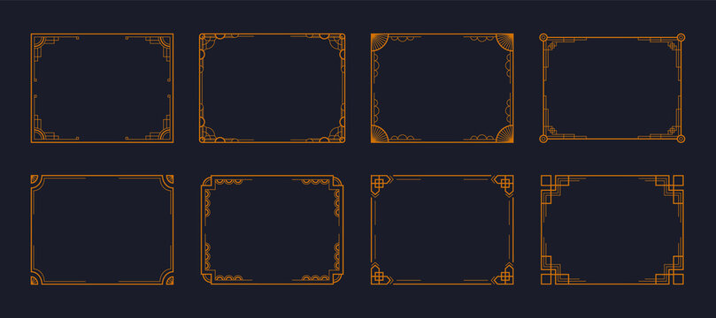 Golden art deco geometric frames. Vintage gold polyhedron line ornament 1920s style for invitations. Vector illustration