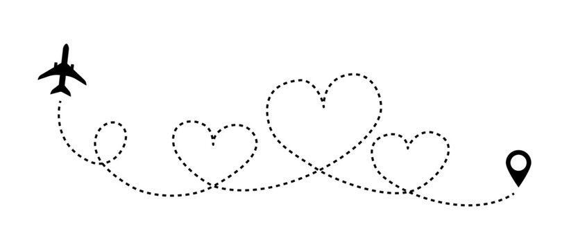 Love line airplane dotted route. Romantic heart dashed trace path, air plane flight start point. Vector illustration