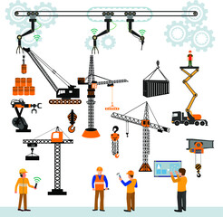 Set of various cranes doing heavy lifting. Tower and harbor lifters. Flat style vector icons.