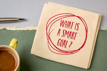 What is a smart goal? Handwriting on a napkin with coffee. Planning and setting goals concept.