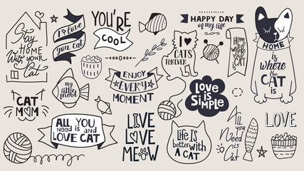 Big set of motivational phrases, quotes, and stickers. Cat's theme and set number 3. Handwritten words for every design production.