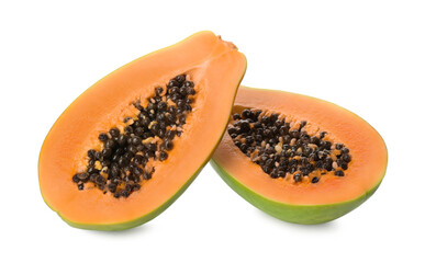 Fresh halved papaya fruit on white background