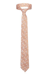 Subject shot of classic tie made of beige silk with blue and orange paisley pattern. The elegant necktie with knot is isolated on the white background.
