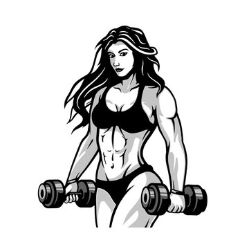 bikini fitness girl with dumbbells, vector, logo, cartoon, mascot, character