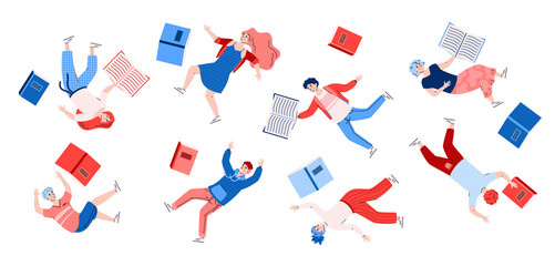 Inspired people floating with books. Happy characters flying and moving in imagination and dreams inspiration of love to reading literary. Vector colorful illustration.