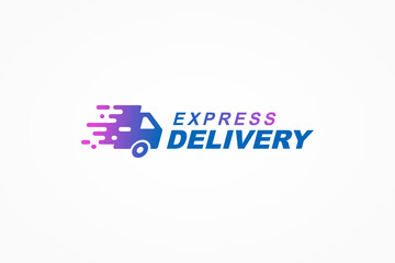 Fast Shipping Delivery Logo. Blue and Purple Gradient Truck Icon with Pixel Dots isolated on White Background. Usable for Business and Transportation Logos. Flat Vector Logo Design Template Element.
