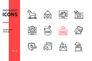 Computer attacks - line design style icons set