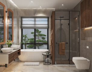 Fototapeta na wymiar Master bathroom design ideas, 3D render