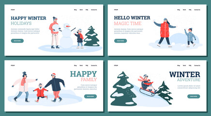 Landing pages templates with winter family fun outdoor activity in happy christmas holidays. People make a snowman, skate on ice rink and sledding. A set of vector illustrations.