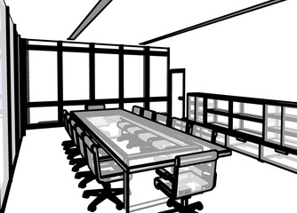 3d illustration of a small meeting room in an office. Dark and thick black lines with transparency on furniture. 
