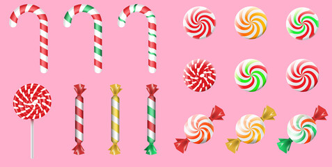 Sweet candies flat icons set. Candies, sweetmeats, lollipops and assorted chocolates colorful lollipops. Vector illustration EPS10