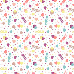 Heart pattern xoxo seamless hand drawn in trendy style on white background. Festive background. Vector illustration design. Vector illustration. Wallpaper wrapping paper textile print. Pastel colors.