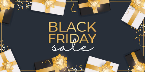 Black Friday sale banner. Black and white realistic gift boxes. Ready poster. Vector illustration.