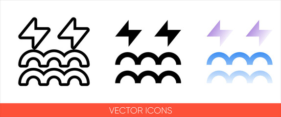 Weather symbol horizontal wavy lines with lightning sign icon of 3 types color, black and white, outline. Isolated vector sign symbol.