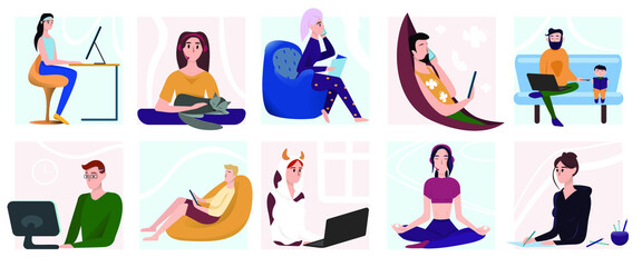 Collection of people working at home, coworking space. Young people, man and woman freelancers working on laptops. Work at home concept design. Vector illustration