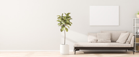 Chaiselongue style sofa in an apartment with a figue tree, a shelf and a mockup artists canvas on...