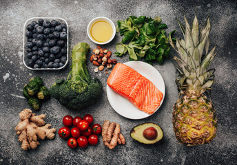 Anti inflammatory diet concept. Set of foods that help to reduce inflammation - plant based...