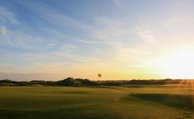 Links golf course with sunset at Texel