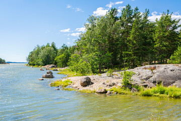 Rocky coastal view and Gulf of Finland, trees, shore and sea, Kopparnas-Klobbacka recreation area, Finland