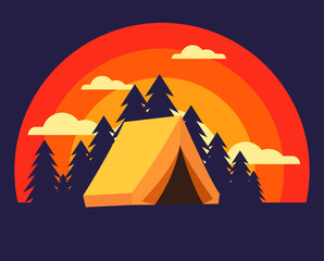 camping site on evening sunset vista vector drawings with pine trees and red sky