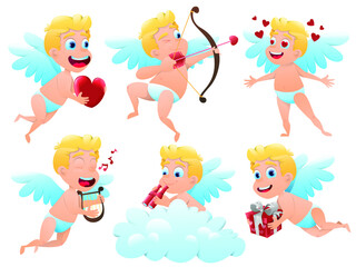 Valentine cupids collection isolated on white background. Cartoon angels with hearts gifts and cupid arrows. Vector illustration
