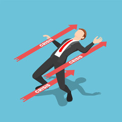 Isometric Businessman Avoided Red Crisis Arrow