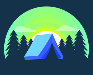 camp in the morning sunrise minimal vector drawing