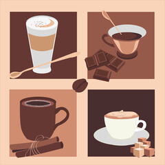 Composition of coffee drinks. Black coffee and dark chocolate. Latte and coffee spoon with cinnamon sticks and cane sugar.