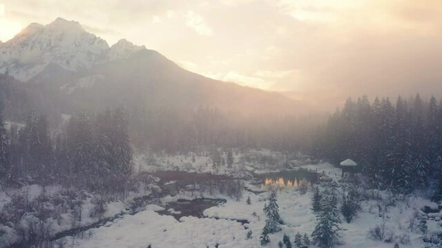 Aerial view of snowy winter lake Zelenci at Kranjska gora in the sunset, Slovenia