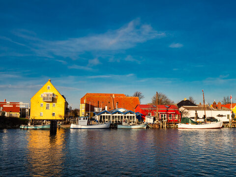 Karrebaeksminde small harbor with boats in rural Denmark