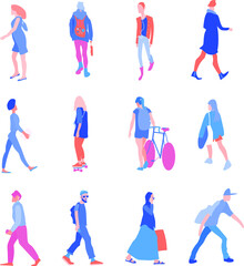 Urban people, walking in the city, pastel set